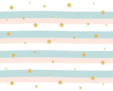Seamless striped pink, blue and white with golden stars vector pattern.