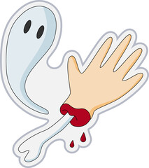 Halloween sticker. Cut hand, with blood and ghost