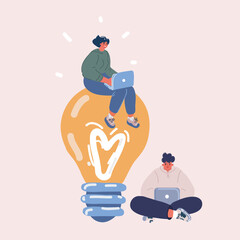 Vector illustration of ideas creativity concept, woman and man work at laptop with big light bulb.