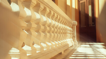 Baluster in the balustrade with sun rays (foreground blurred, background in focus)                