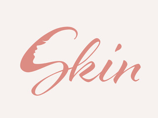 Beauty salon logo.Elegant woman face and skin wordmark isolated on light fund.Profile view lady portrait.Pink lettering.Cosmetics, spa business.Calligraphy style.