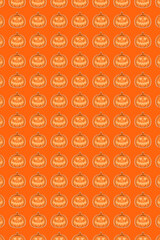 Many pumpkins with face for Halloween party forming a pattern on orange background.  Space for text.