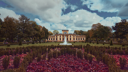 Old Tiskevicius Manor in Lithuania with garden during autumn. Selective focus                                          