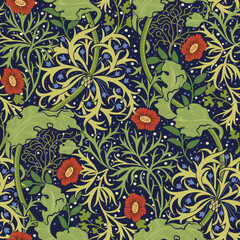 Floral seamless pattern with small red flowers and green foliage on dark blue background. Vector illustration. - 533714588