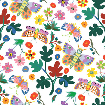 Seamless ditsy floral pattern with trendly plants and butterflies on white background. Vector illustration