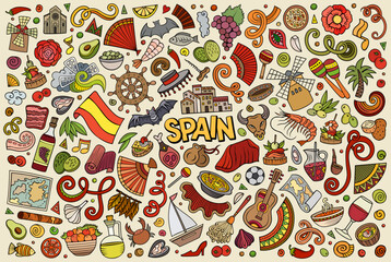 Naklejka premium Doodle cartoon set of Spain objects and symbols