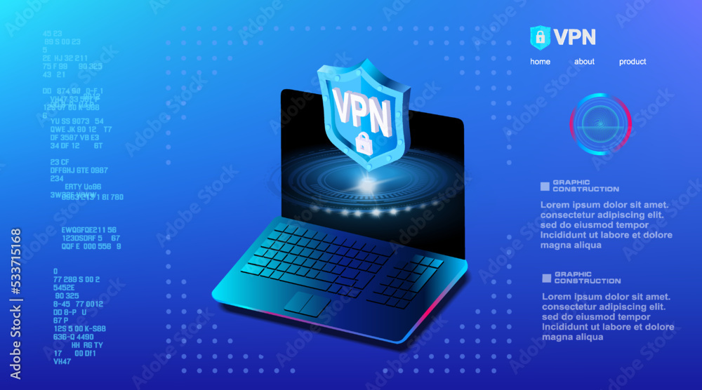 Poster computer with futuristic holographic sign is protected by data and vpn blocking bypass. virtual priv