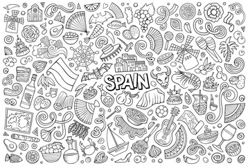 Doodle cartoon set of Spain objects and symbols