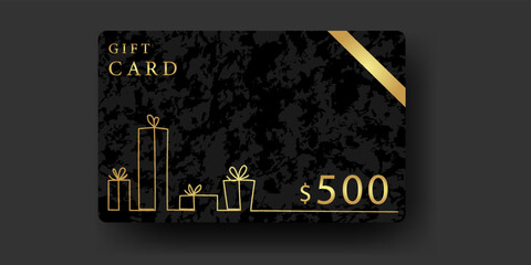 $500 black gift card. Golden gift boxes drawn by one line. Minimal style. Background with grunge texture. Modern vector illustration.