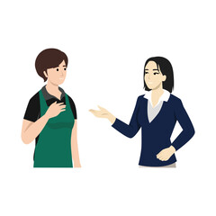 Asian woman manager talk to kitchen worker communication. People conversation. Flat vector illustration isolated on white background