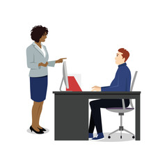 Obraz premium Angry business woman pointing finger at man. Colleague reprimanding, blaming, accusing coworker of mistake. Office workers conflict. Argument, confrontation dispute. Flat vector illustration