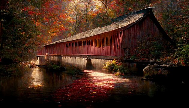 AI generated image of bridge covered by a red shelter similar to Campbell's covered Bridge 