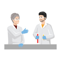 Group scientists in medical or chemical laboratory flat vector illustration. People in protective gloves, masks, lab coats with flasks doing research tests. Flat vector illustration isolated on white 