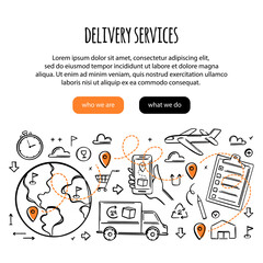 DELIVERY SERVICES Of Goods By Different Modes Of Transport By Smartphone In Hand In Short Time In One Click To Place Of Destination Vector Illustration And Text