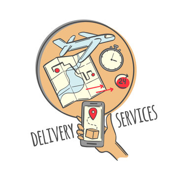 AVIA DELIVERY Schematic Representation Of Fast Delivery Service Operation Principle Order By Smartphone In Hand In Short Time To Place Of Destination Vector 
