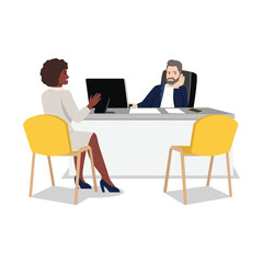 Angry boss scold office work manager vector. Worker bullying, aggression, abuse at business workplace. Scared employee at table and shouting yelling woman chief. Flat vector illustration