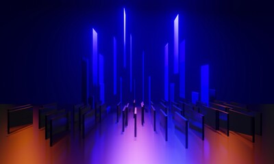 abstract backgound video game of esports scifi gaming cyberpunk, vr virtual reality simulation and metaverse, scene stand pedestal stage, 3d illustration rendering, futuristic neon glow room