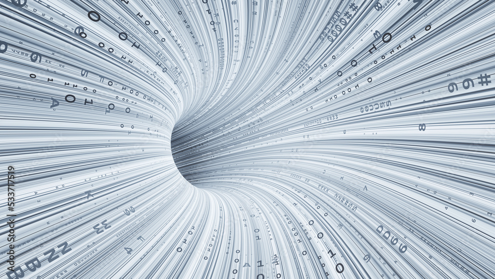 Leinwandbilder Neon rays virtual flight. 3D illustration of computer code flowing inside cable. High-speed data transmission tunnel. Internet Gateway Data Flow