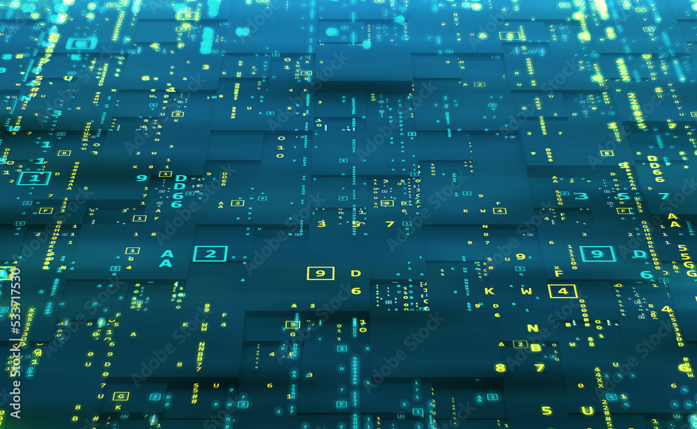 Poster Digital field of information. Data exchange and sales analytics. Big data flow in futuristic database. 3D illustration of a computer circuit with binary code elements
