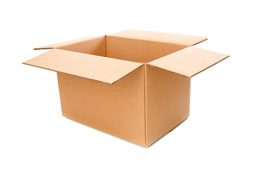 Open cardboard box close up isolated on a white background