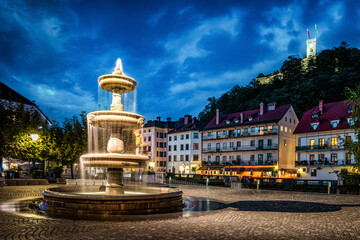 Panorama of Ljubljana. Evening view on Fountain and old city Ljubljana, Slovenia, Europe.