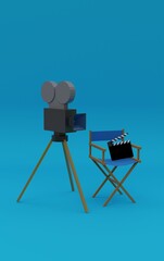 3d illustration, cinematographic equipment, chair, camera, clapperboard, blue background, 3d rendering.