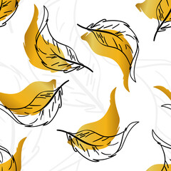 Vector pattern with feathers. White, gold and black seamless pattern.