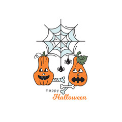 Happy Halloween. Vector colored icon. Pumpkin, cobweb and spiders.
