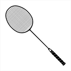 Sign black badminton racket isolated on white background. Flat linear icon for sports apps and websites. Equipment for racket sports.
