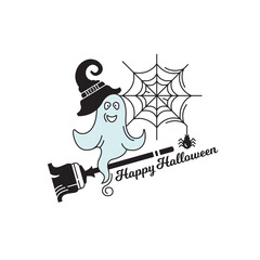 Halloween color vector icon. The ghost flies on a broom, a web with a spider.
