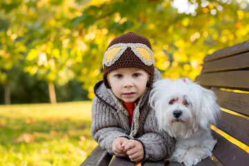 Happy child, playing in autumn park with his pet dog, maltese puppy on sunset