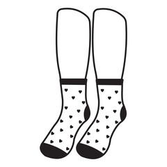 Warm socks on the feet with a pattern, black outline, vector illustration