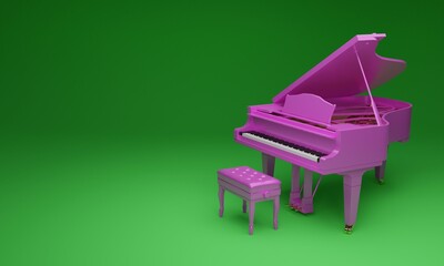 3d illustration, classic piano, green background, copy space, 3d rendering.