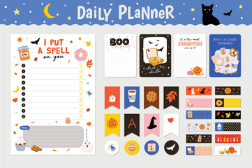 Cute Calendar Daily Planner Template for 2023. Beautiful Diary with Vector Character and Halloween Illustrations. Season Holidays Backgrounds. Organizer and Schedule with place for Notes