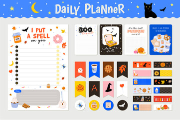 Cute Calendar Daily Planner Template for 2023. Beautiful Diary with Vector Character and Halloween Illustrations. Season Holidays Backgrounds. Organizer and Schedule with place for Notes