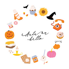 Cute illustration with autumn and winter cozy elements. Isolated on white background. Motivational typography of holidays hygge quotes. Scandinavian danish style. Vector