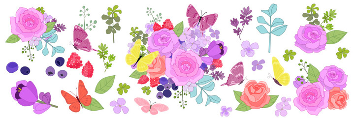 A collection of floral arrangements. Plant elements for a card d