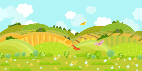 Summer nature scenery with bloom fields and flying butterflies.