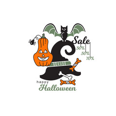 Halloween vector color icon. Card. Pumpkin, hat, bat.

