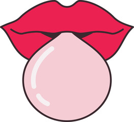 Pop woman red lips blowing bubble gum outline drawing sticker