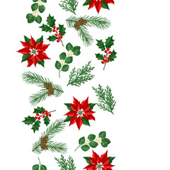 Seamless pattern with winter plants. Merry Christmas and Happy New Year decoration.