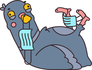 Cartoon cute funny pigeon urban bird got tangled trash medical face masks after pandemic