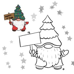 Line art Christmas gnomes design for coloring book on a white background.