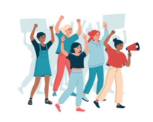 Crowd of diverse women on demonstration. Angry females on parade, picket or strike. Activists girls, peaceful rights protest concept, manifestation. Isolated flat vector illustration - obrazy, fototapety, plakaty