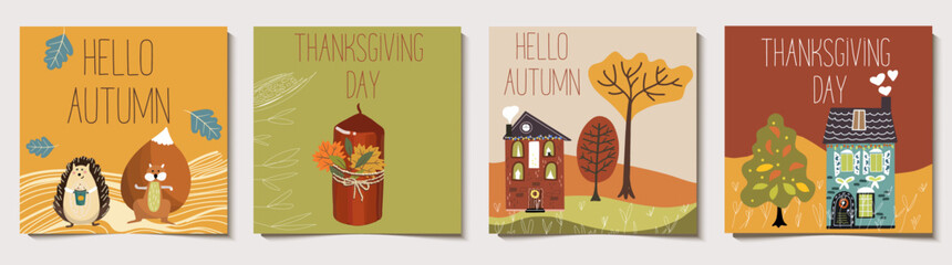 Set of square autumn backgrounds for colorful banners with autumn landscapes, village, small cozy houses, trees, fox, hedgehog, candle, thanksgiving dinner invitations.