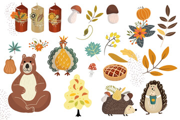 Set of autumn cute plants, animals, Thanksgiving attributes, flowers, leaves, twigs, pumpkins, maple leaf, sunflower, bear, hedgehogs, mushrooms, pumpkin pie, berries, turkey.