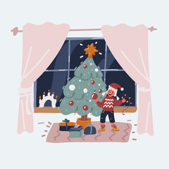 Vector illustration of Merry Christmas and Happy Holidays! Cute little child girl is decorating the Christmas tree indoors.