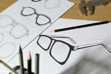 The designer draws a sketch of eyeglasses on paper. Creating glasses.