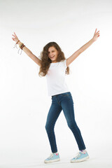 A teenage girl on a pure white background.