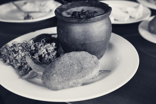 Lunch at Georgian cafe. Black and white retro toned